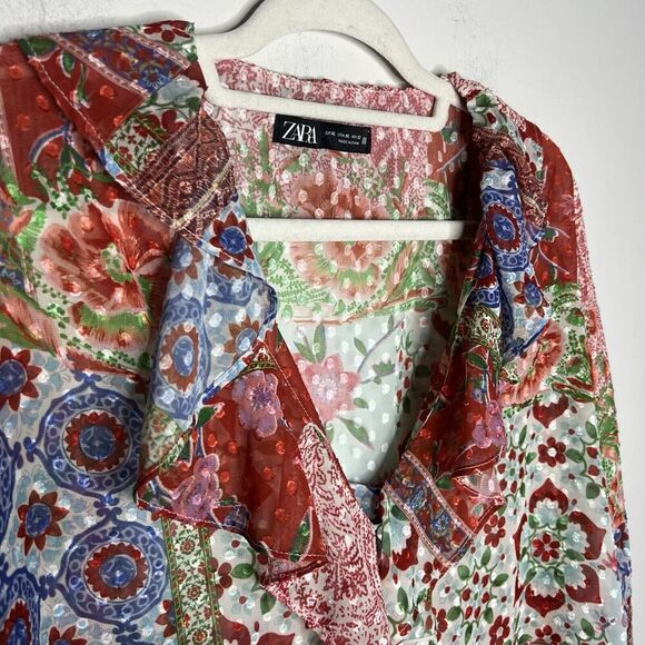 Zara Top Womens XL Patchwork Floral V Neck Ruffle Boho Swiss Dot Chiffon Blouse - Picture 9 of 16